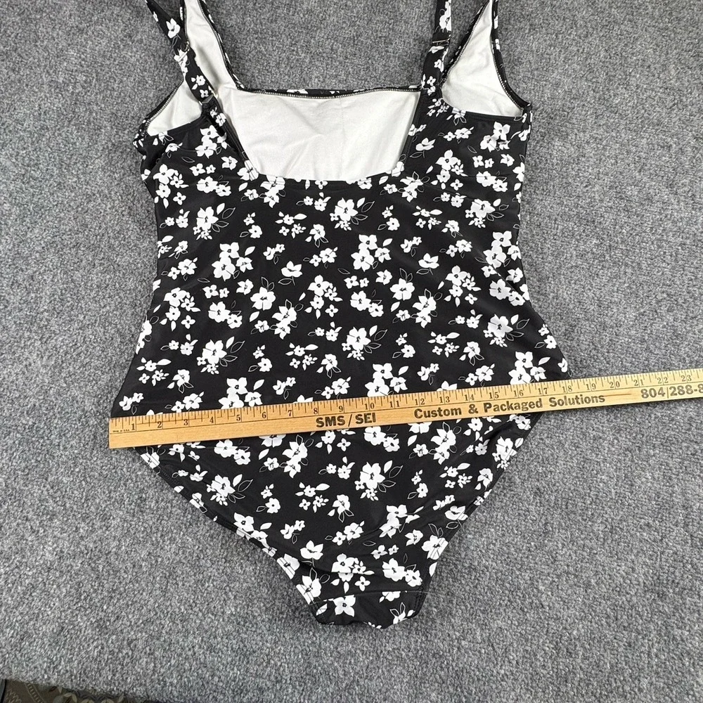 Anne Cole One Piece Swimsuit Women's 14 Black White Floral Ruched Tummy Control